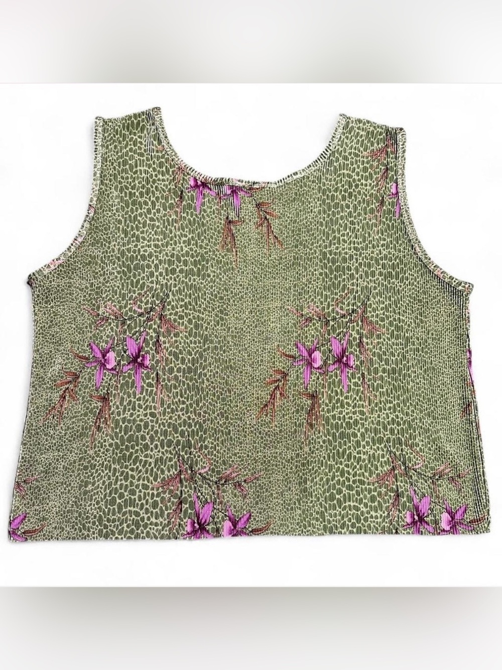 Vintage Y2K Whimsigoth Green Pleated Snake Print Purple Floral Crop Tank Top - Picture 3 of 5